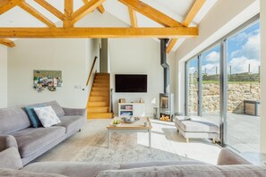 Ein modernes Wohnzimmer mit Kamin, Sofa, Couchtisch und Fernseher.