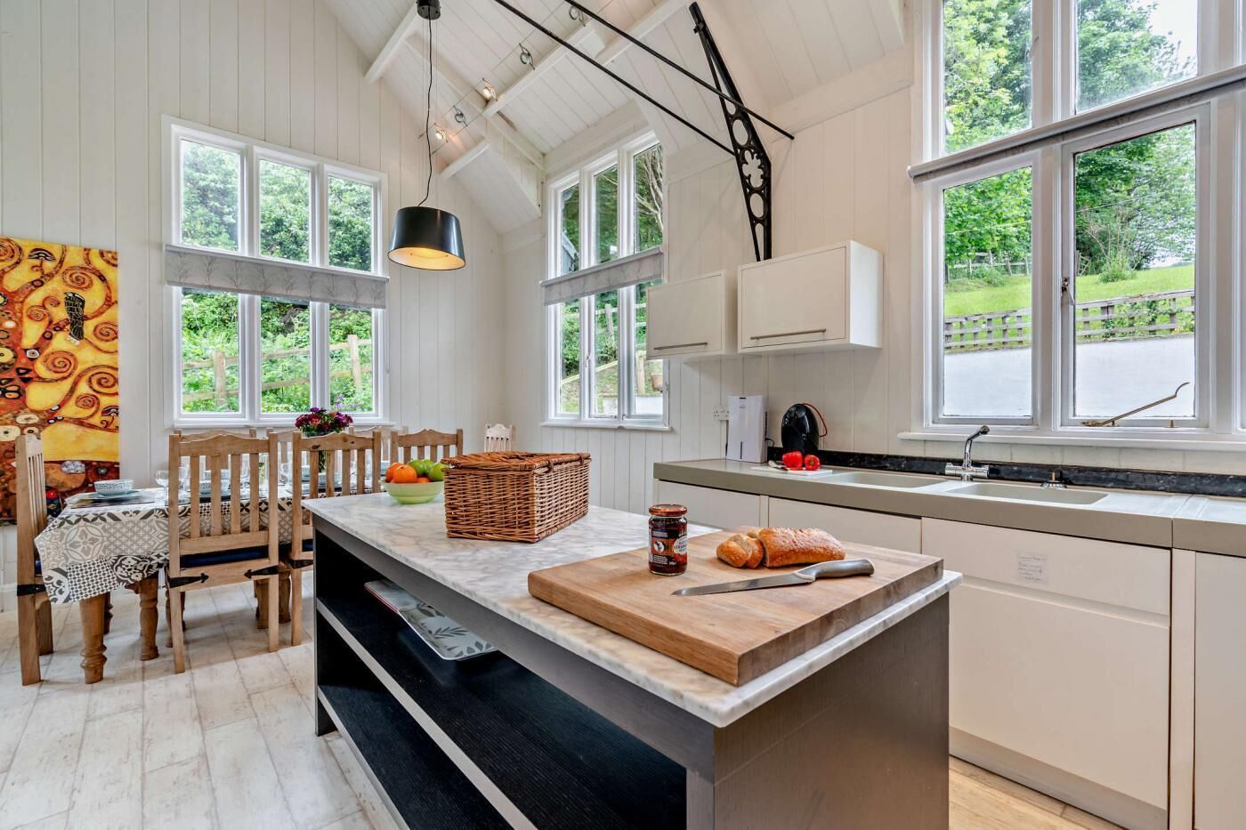 Oven, dishwasher, high chair, cookware/dishes/utensils