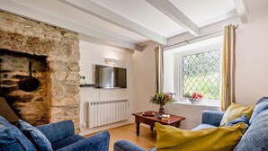 A living room with a stone wall, a fireplace, a mounted TV, a radiator, a wooden table with books and flowers, and a window with curtains.