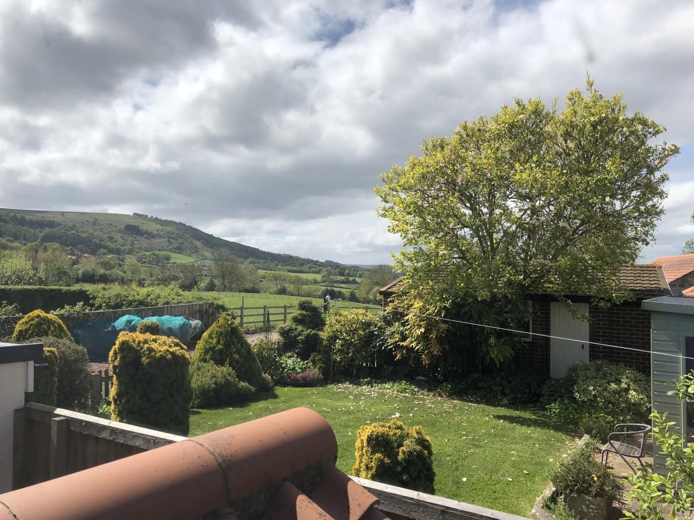 A residential property with a fenced yard, a large tree, and a view of rolling hills.
