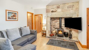 Ein Wohnzimmer mit Kamin aus Stein, einem grauen Sofa, einem Flachbildfernseher und einem gerahmten Bild an der Wand.