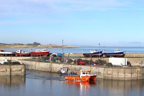 Un port où plusieurs bateaux sont amarrés, une digue en béton et une vue dégagée sur l’eau et la terre au loin.