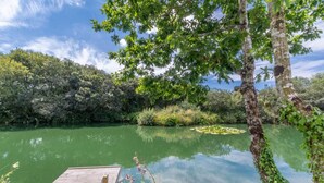 Un lac paisible, avec une jetée en bois qui s’avance sur l’eau, entouré d’une végétation luxuriante et d’arbres.