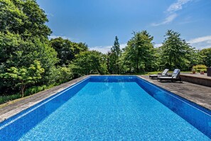 Una piscina rectangular con agua azul cristalina, rodeada de exuberante vegetación y árboles.