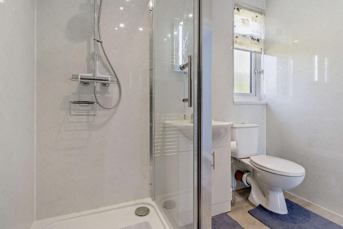 Een moderne badkamer met een douchecabine van glas, een toilet en een raam met een afbeelding van boerderijdieren.