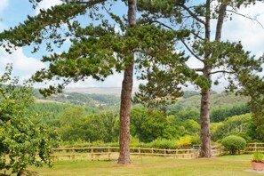 A landscape with two prominent trees, a wooden fence, and a view of a green valley.
