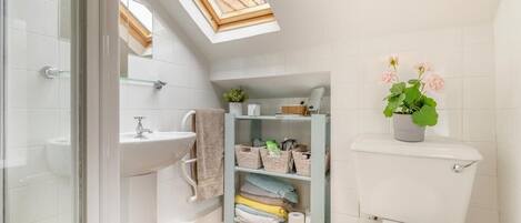 A compact bathroom with a skylight, a white sink, a toilet, and a shelf with toiletries.