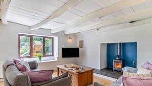 Ett modernt vardagsrum med en soffa, ett soffbord, en tv och en vedkamin.