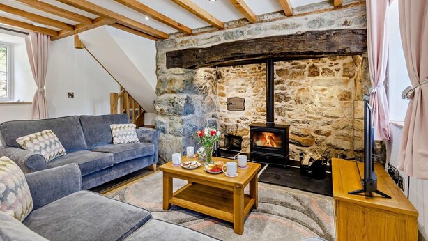 A cozy living room with a stone fireplace, a sofa, a coffee table with a vase of flowers, and a television. - 3 Bed in Brithdir (oc-b29844) (Brithdir and Llanfachreth)