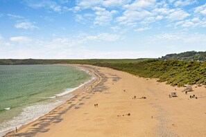 A wide sandy beach with a clear view of the sea and a forested hillside in the background. - 2 Bed in Loveston (oc-l29792) (Reynalton)