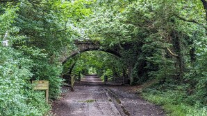 A narrow, tree-lined path leading through an arched stone bridge with a sign indicating 'SLOW' and 'UNMOVED ACCESS ON LEFT'. - 3 Bed in Thelwall (oc-c29954) (Warrington)