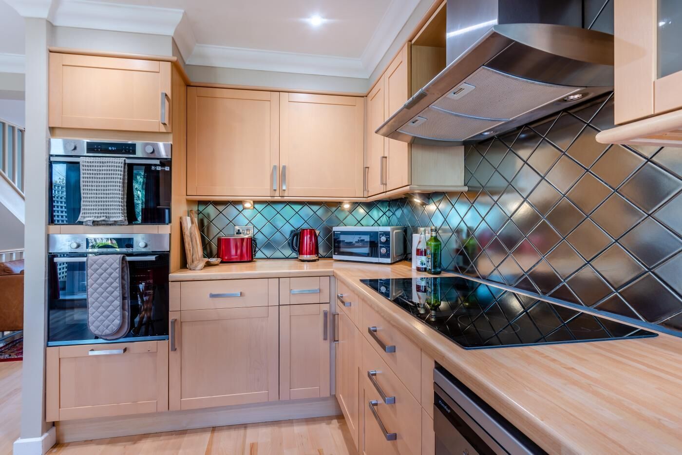 Oven, dishwasher, highchair, cookware/dishes/utensils