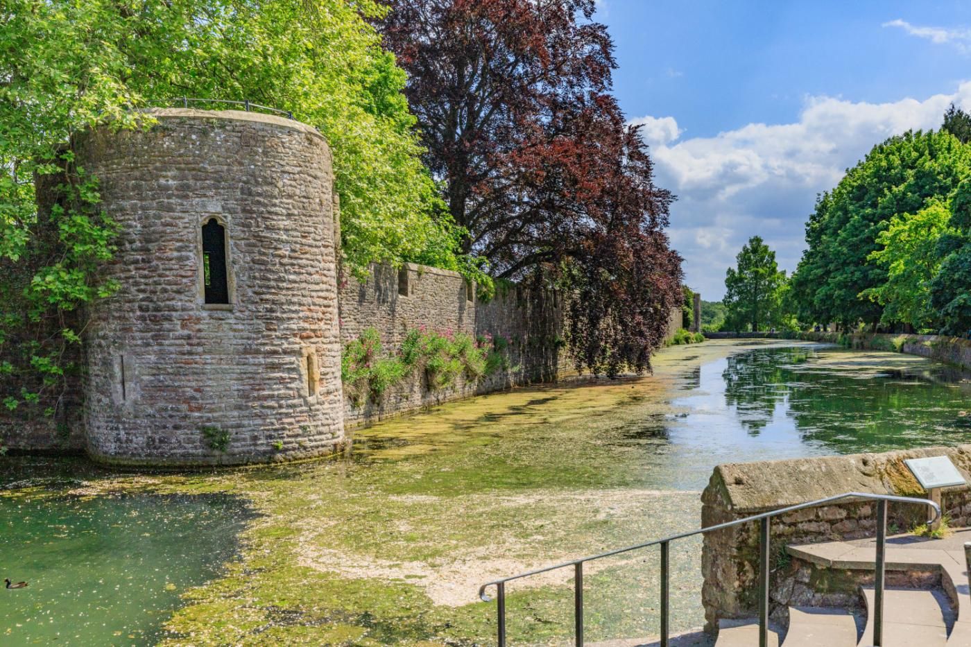 Une tour de pierre historique, située au bord d’un cours d’eau paisible, entourée d’une végétation luxuriante et sous un ciel dégagé.