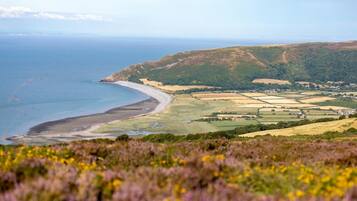 A coastal landscape with a beach, fields, and distant hills.