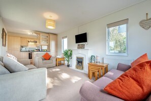 A living room with a sofa, a fireplace, a television, and a kitchen in the background.