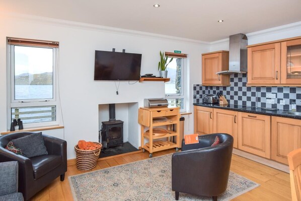 A modern living room with a fireplace, a television, and a kitchen with wooden cabinets.