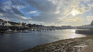 Un puerto deportivo con barcos amarrados, un paseo marítimo y edificios a lo largo de la costa.