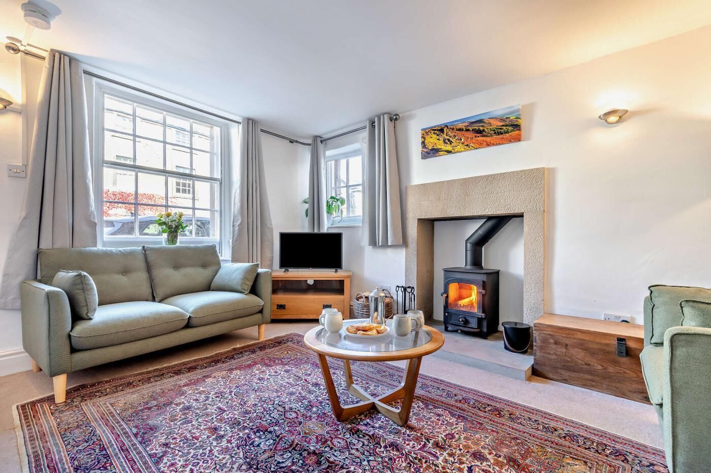 TV, fireplace