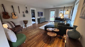 Smart TV, fireplace, DVD player, books