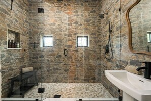 Shower, eco-friendly toiletries, hair dryer, towels
