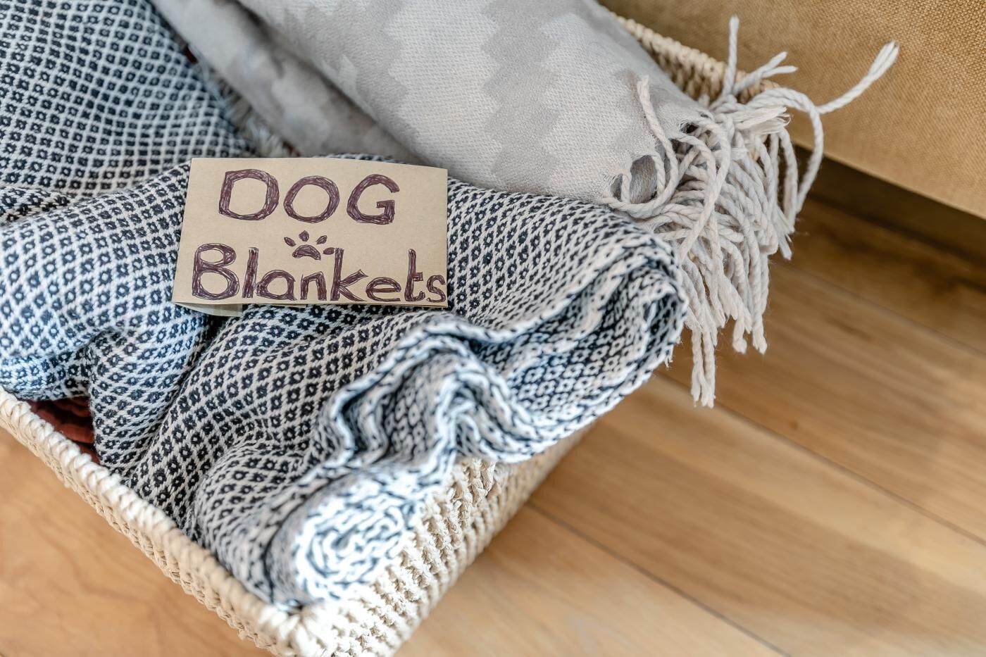 Ein Korb mit Decken, auf denen 'DOG Blankets' steht, und einem Anhänger.