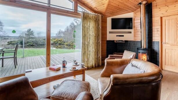 Ein gemütliches Wohnzimmer mit Kamin, Ledersofas, Fernseher und Blick ins Freie.
