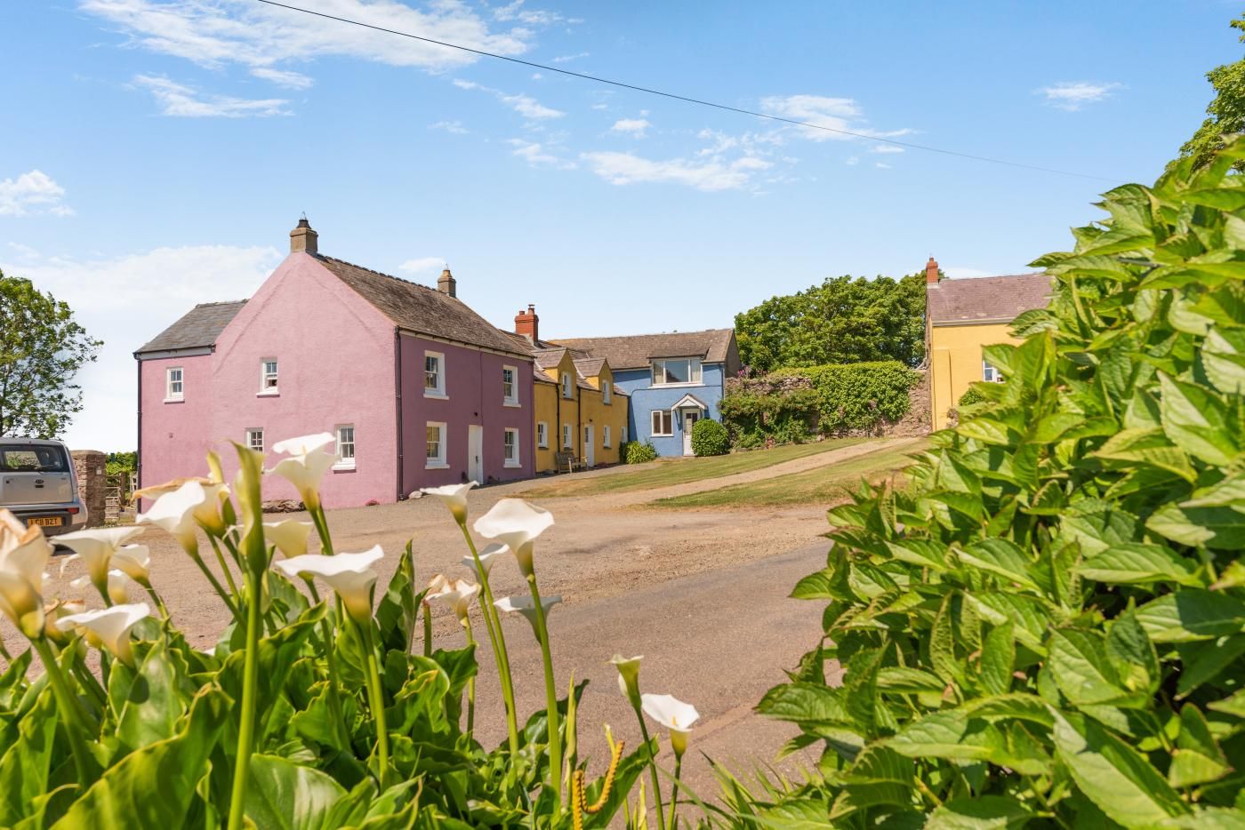A row of colorful houses with a gravel driveway and lush greenery in the foreground.