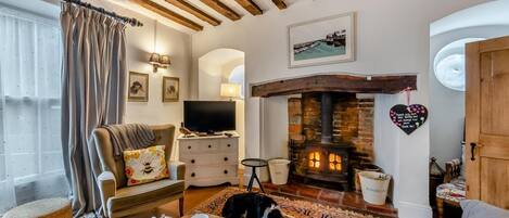 Ein gemütliches Wohnzimmer mit Kamin, Fernseher und einem Hund.