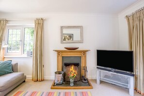 A living room with a fireplace, a television, and a sofa. - 3 Bed in Walberswick (oc-e30479) (Walberswick)