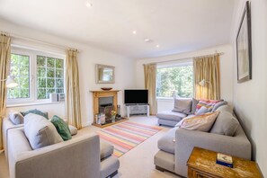 A living room with a fireplace, a television, and a sofa.