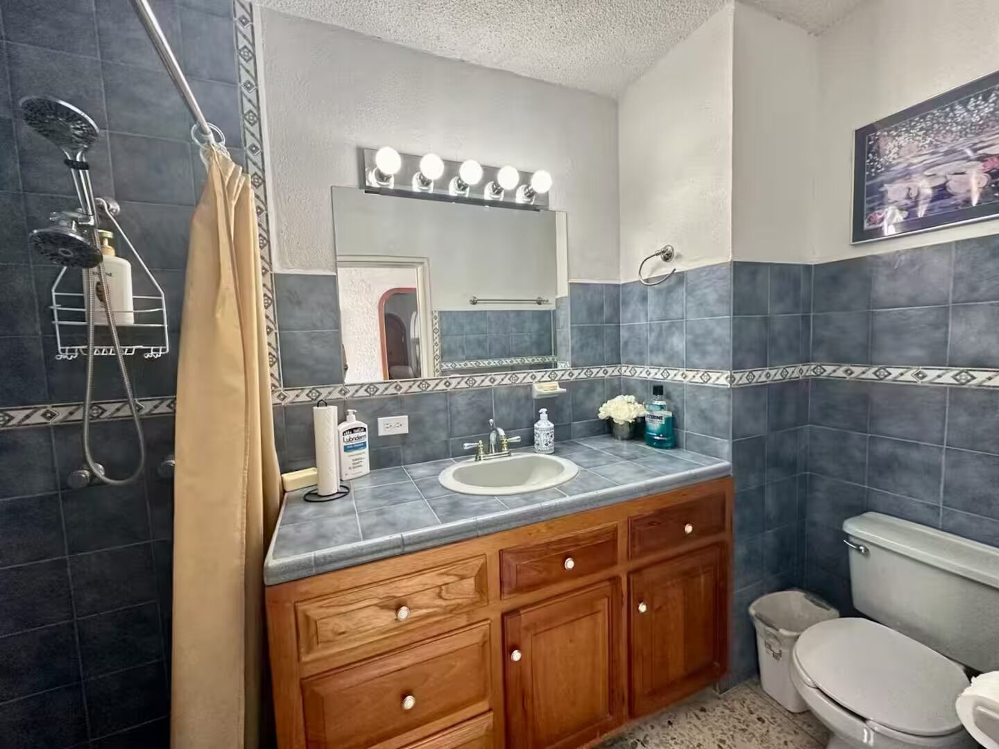 A bathroom with a wooden vanity, a sink, a mirror with lights, a shower, and a toilet.