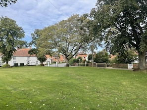 A residential area with a grassy lawn, trees, and houses in the background.