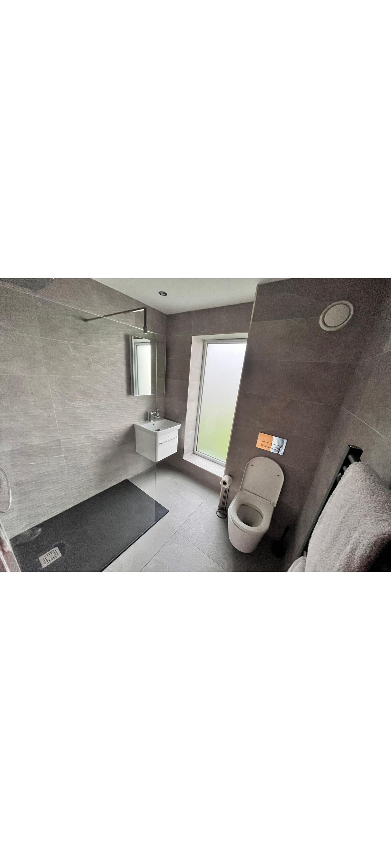 Une salle de bain moderne équipée d’une douche, de toilettes et d’un lavabo.