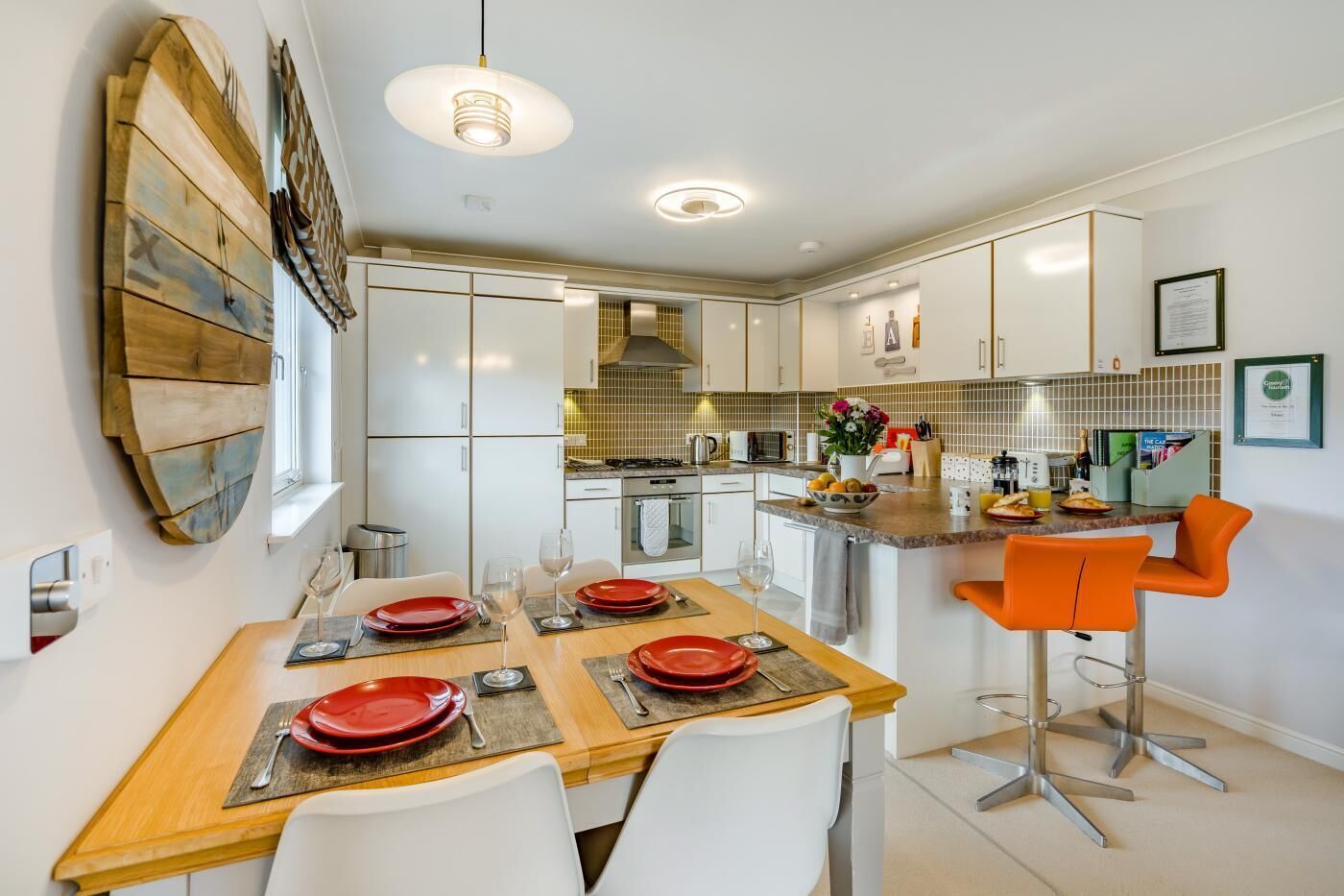 Oven, dishwasher, high chair, cookware/dishes/utensils