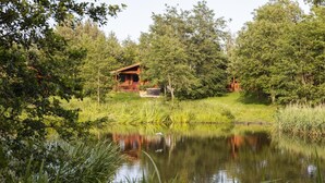 A cabin surrounded by dense trees and a calm pond. - 2 Bed in Felton (oc-c30643) (Thirston)