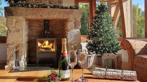 Ein gemütliches Kaminfeuer mit Steinvorsatz, eine Champagnerflasche und ein Weihnachtsbaum in einem gut beleuchteten Raum mit Holzbalken und großen Fenstern.