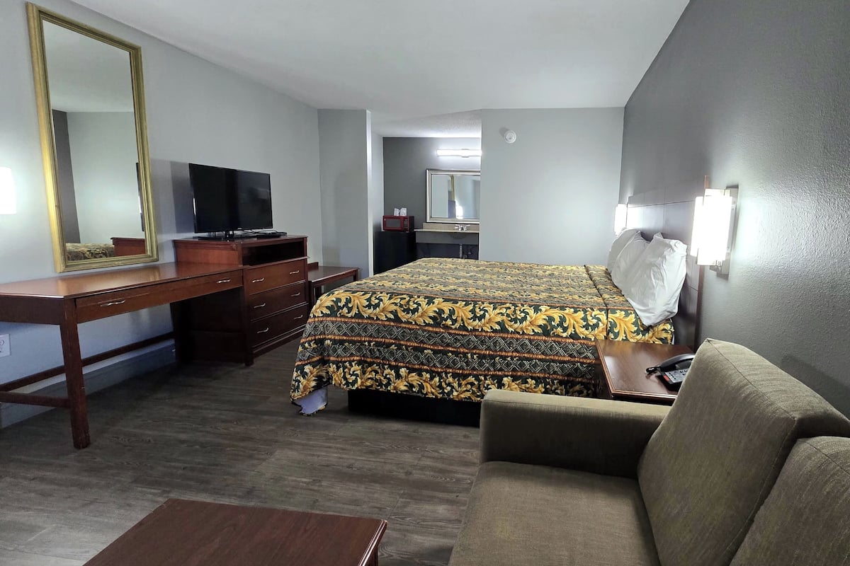 Una habitación de hotel con una cama grande, un escritorio con televisor, un espejo y un sofá.