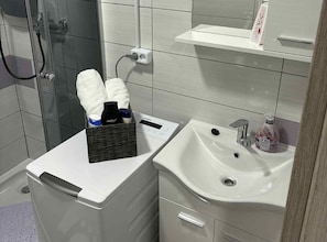 Douche, articles de toilette (gratuits), séchoir à cheveux