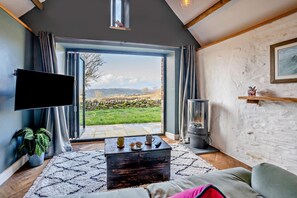 Een gezellige woonkamer met een groot raam, een open haard en een flatscreen televisie.