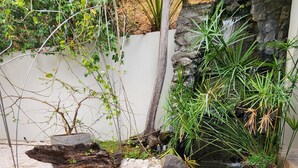Un estanque pequeño con un muelle de madera, rodeado de rocas y diversas plantas.