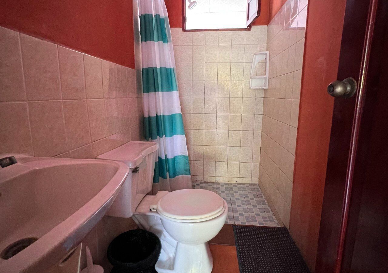 A small bathroom with a toilet, a sink, and a shower curtain.