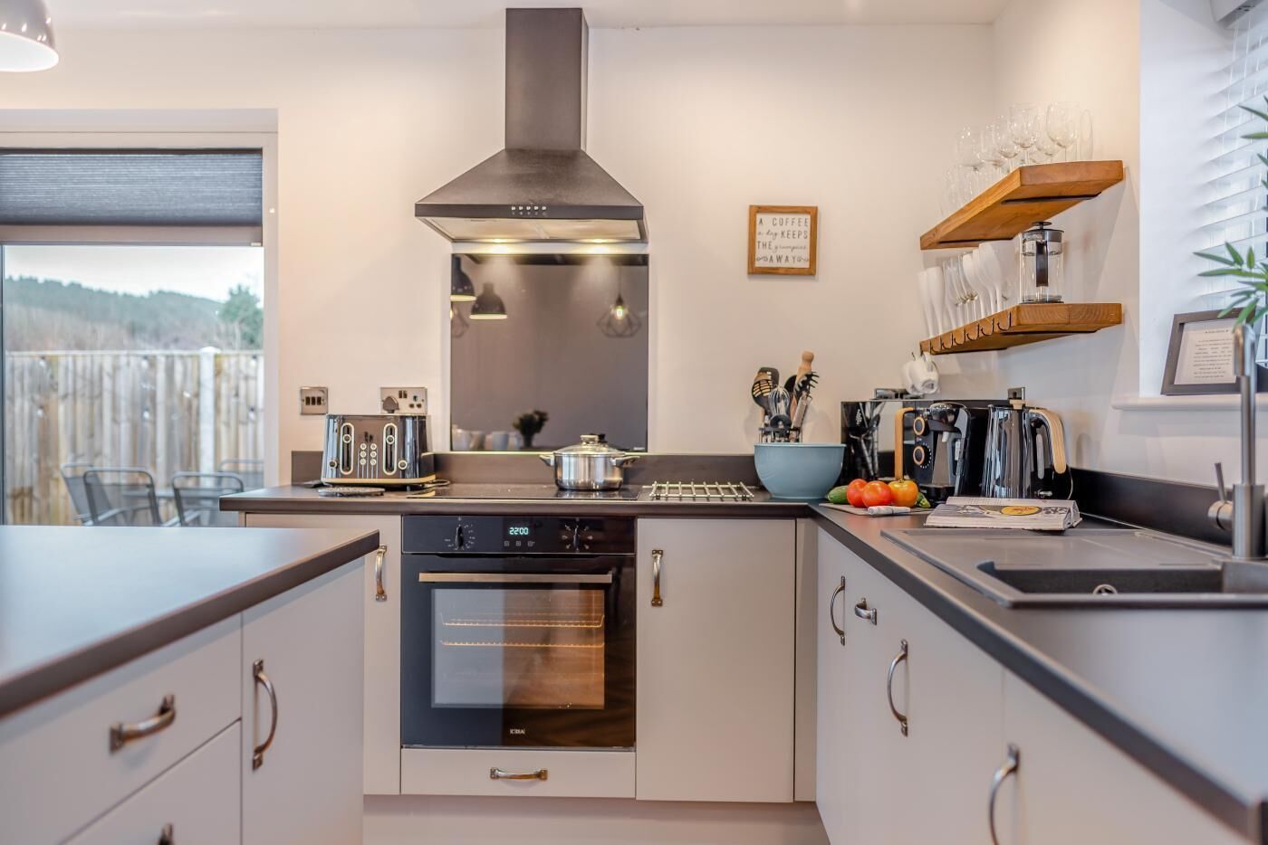 Microwave, oven, dishwasher, high chair