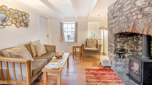 Un salon chaleureux avec une cheminée en pierre, un ensemble de canapés, une table basse en bois et une fenêtre avec des rideaux.