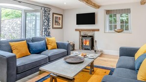 Una sala de estar moderna con chimenea, un sofá, una mesa de centro y un televisor.