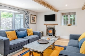 Una sala de estar moderna con chimenea, un sofá, una mesa de centro y un televisor.