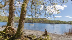 Une vue sur le lac, avec des bateaux, des arbres et un ciel dégagé.