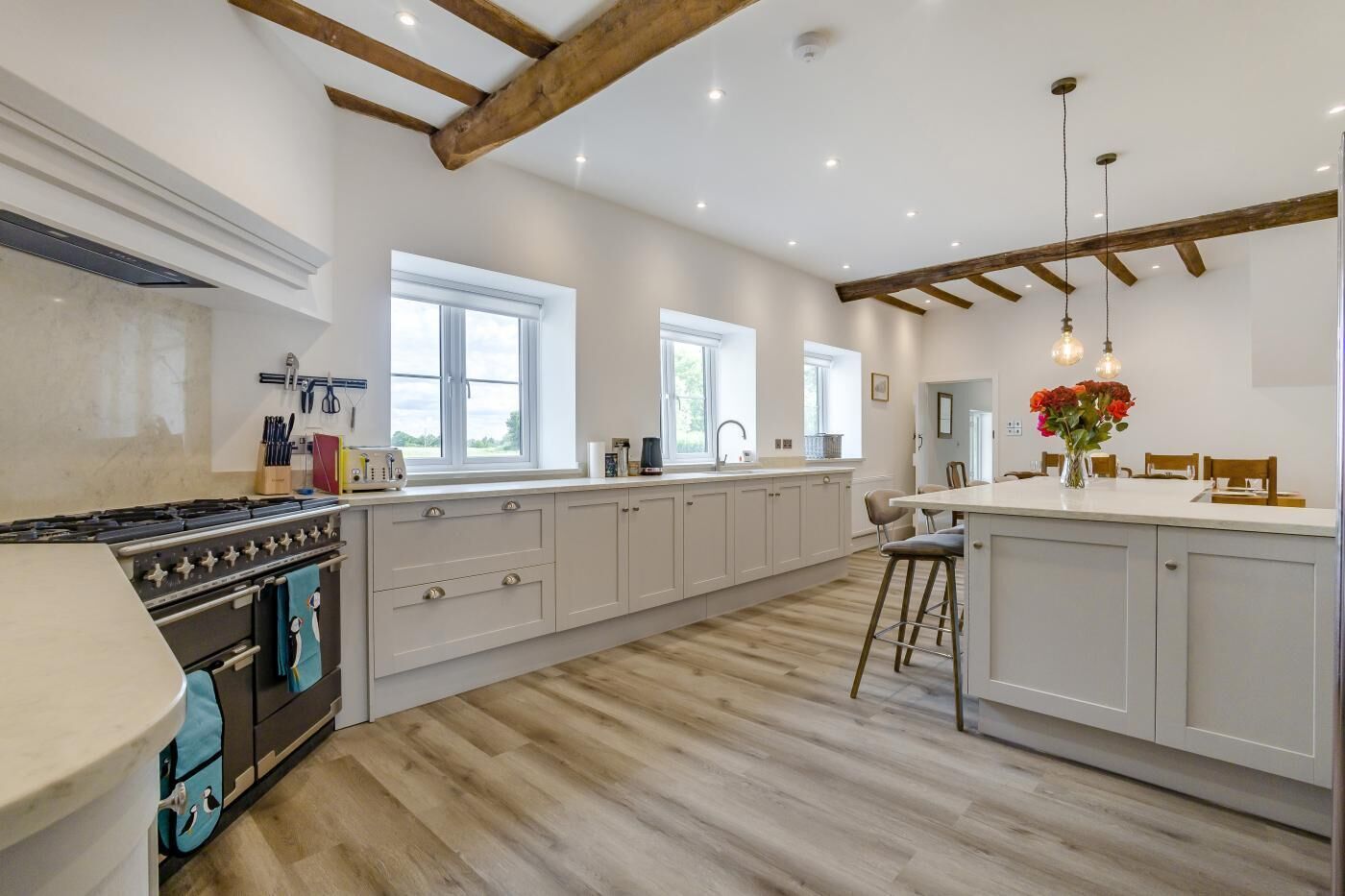 Oven, dishwasher, high chair, cookware/dishes/utensils