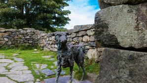 Un mur de pierre et un sentier bordé d’une statue de vache.