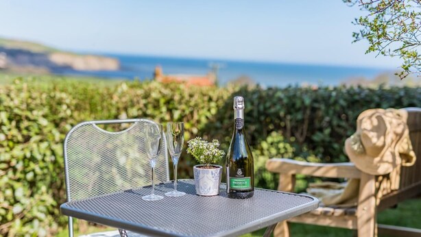 A table with a bottle of Prosecco, two glasses, and a small potted plant. - 1 Bed in Ravenscar (oc-p30830) (Fylingdales)