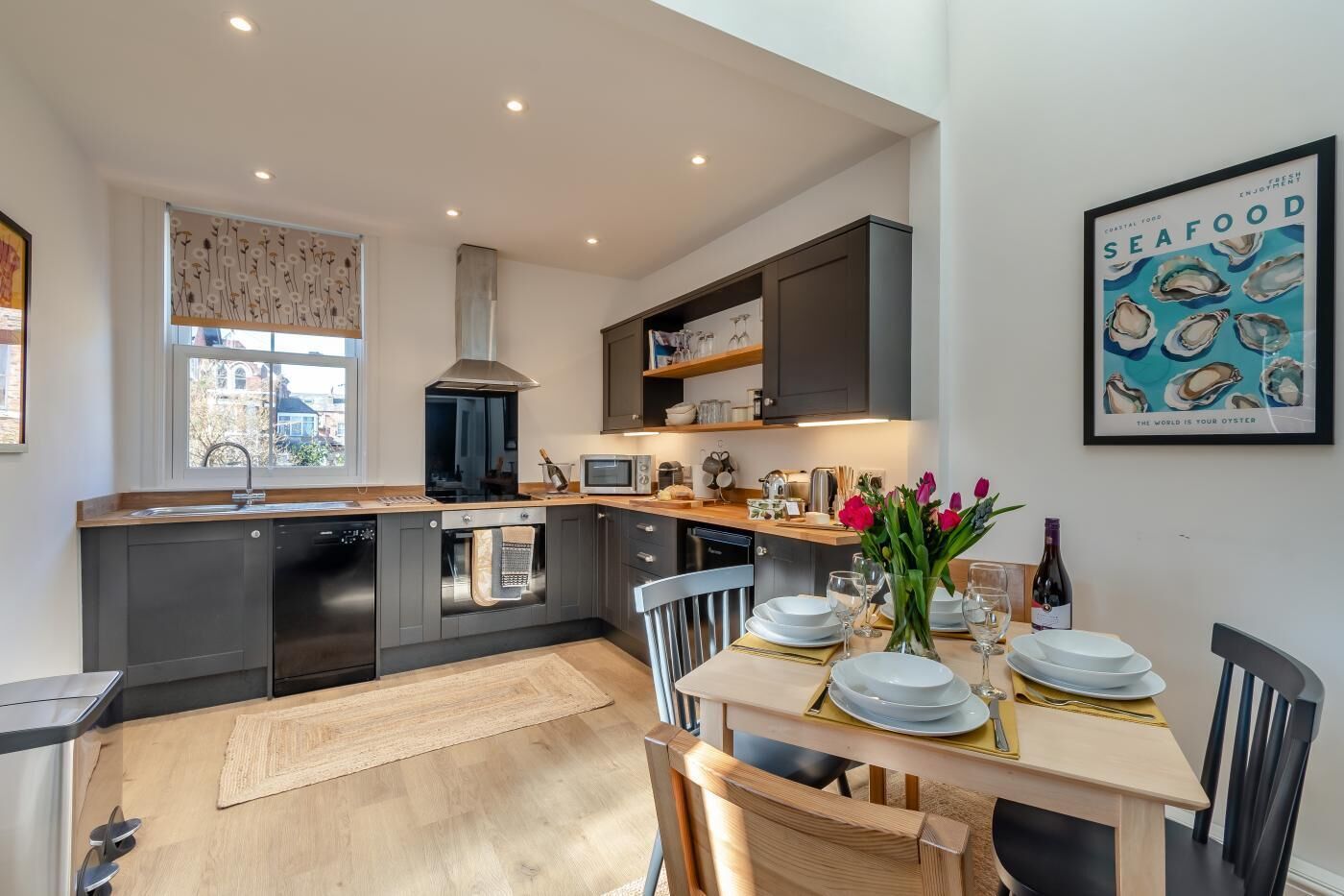 Microwave, oven, dishwasher, high chair